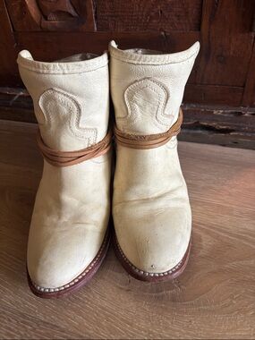 freebird Cream Leather Ankle Boots with Tan Wrap